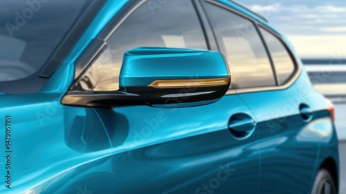 Teal car mirror, coastal sunset