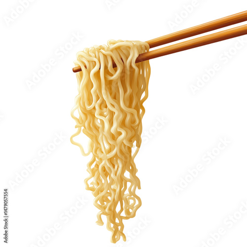 Wooden chopsticks pulling ramen noodles upward isolated on transparent background