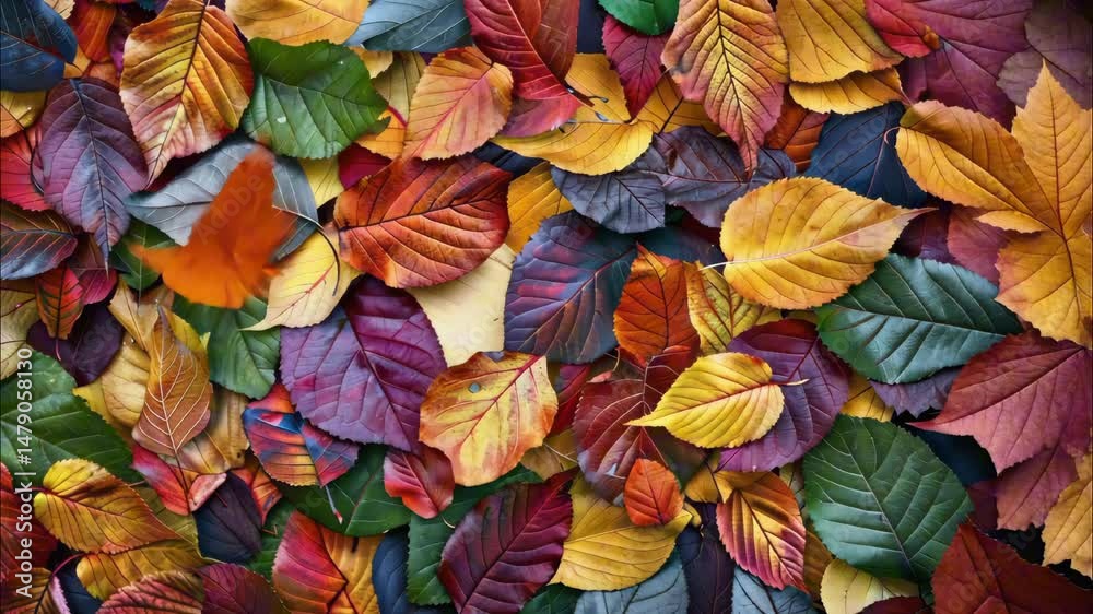Colorful bright autumn leaves top view close up. Pattern of fall yellow orange red green leaves. Autumn background, wallpaper Colorful bright autumn leaves top view close up. Pattern of fall yellow orange red green leaves. Autumn background, wallpaper