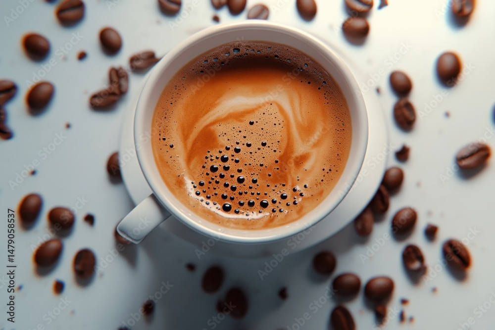 Fototapeta premium Warm coffee cup resting on a white table with scattered coffee beans, a warm cup of coffee with coffee beans