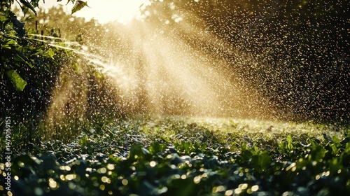 A large sprinkler system watering crops