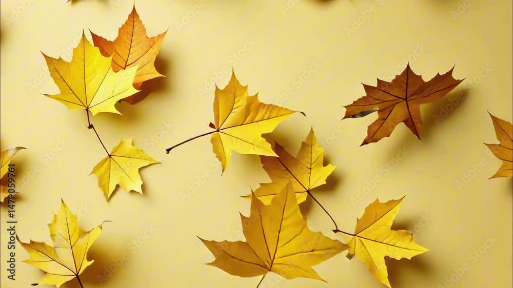 Minimalistic autumn background. Yellow leaves flying on yellow background flat lay top view. Falling autumn leaves concept, creative mockup
