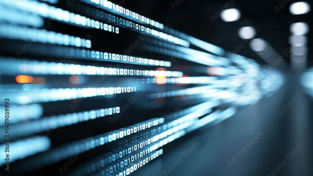 Futuristic binary code data stream and digital technology background with glowing blue numbers, abstract motion blur, and high speed data transfer innovation in modern, blue, glowing environment