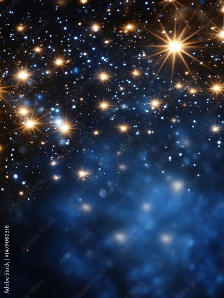 Obraz premium Sparkling stars in dark blue night sky digital background with bokeh effect and golden light bursts celestial wallpaper for holiday season