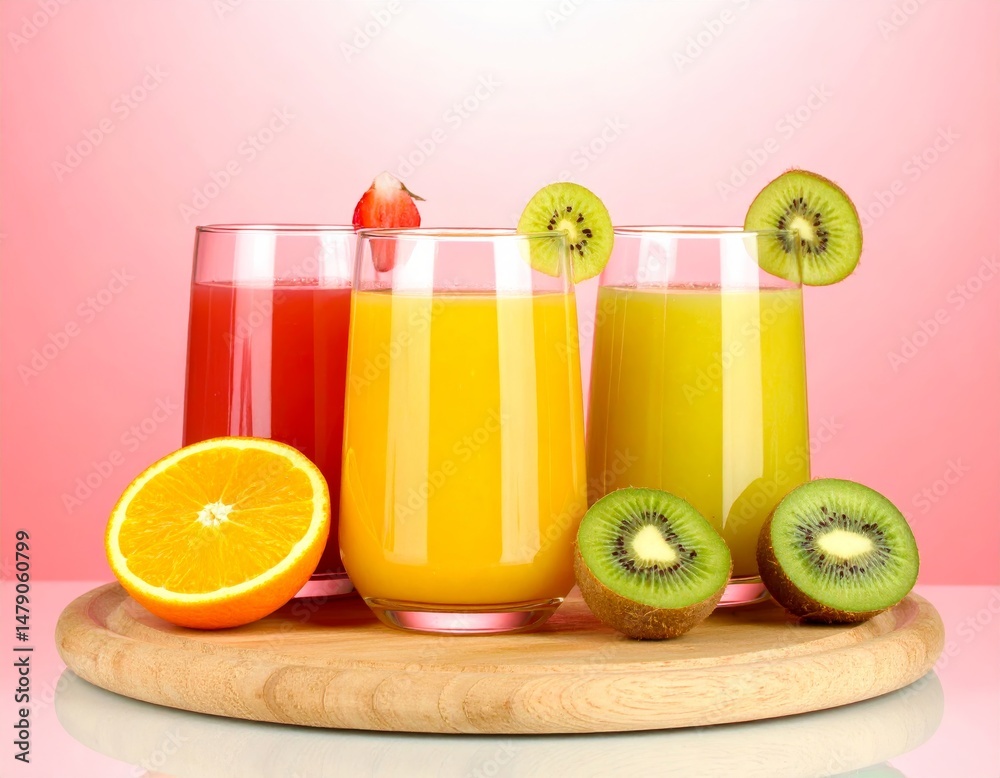 Fototapeta premium Three colorful juices with fruit slices on wooden tray, kiwi and orange beside, pink background.
