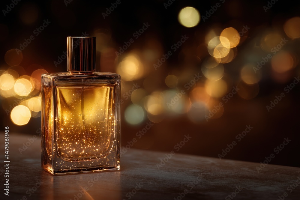 Golden perfume bottle on a dark surface with bokeh lights.