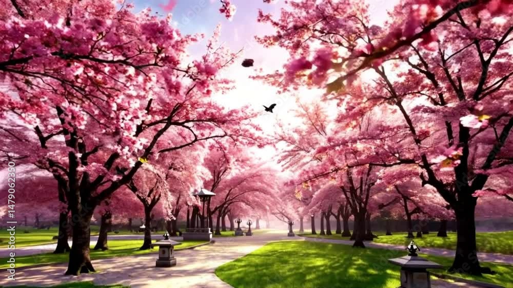 Serene Walk Through a Cherry Blossom Park in Springtime Serene Walk Through a Cherry Blossom Park in Springtime