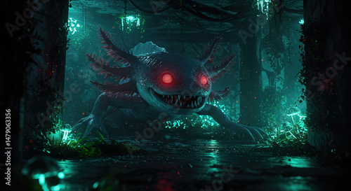 Eerie looking Axolotl monster lurking in a dark, damp abandoned building.