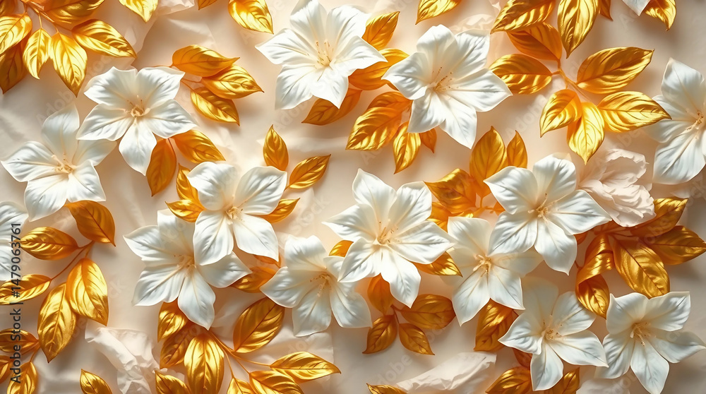 Fototapeta premium White flowers and golden leaves art design