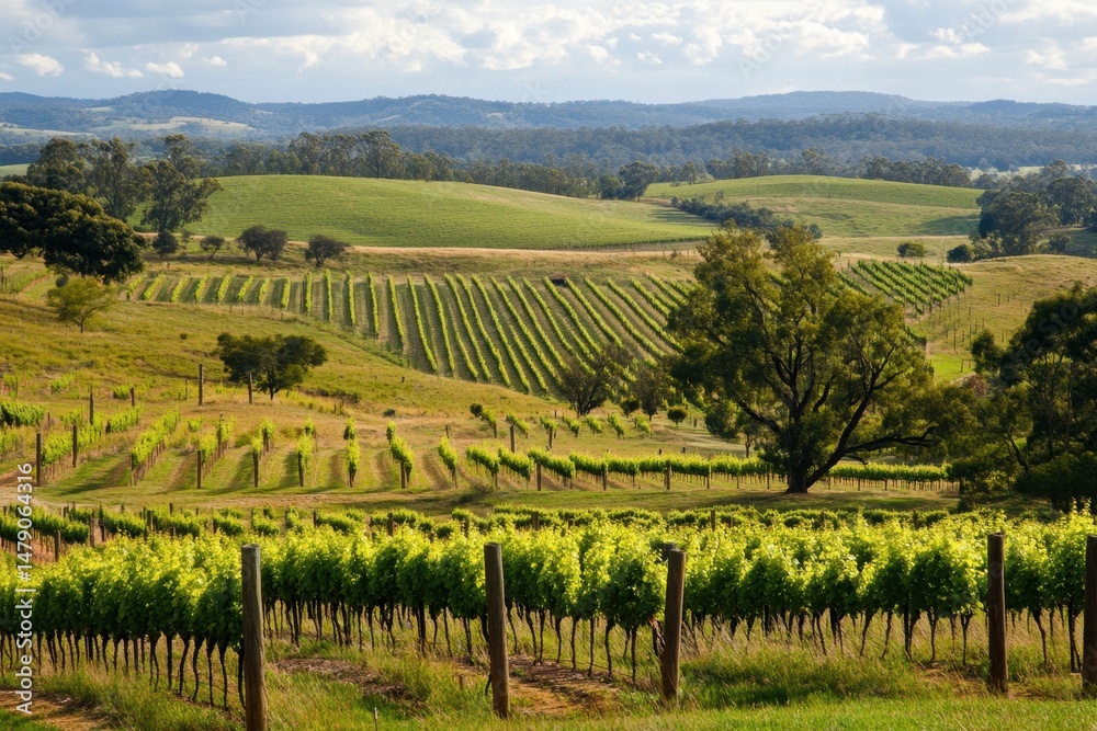 Fototapeta premium Explore the beautiful vineyards of Australia's agricultural landscape during the golden hour, Australia agriculture landscape Vineyards in wine region