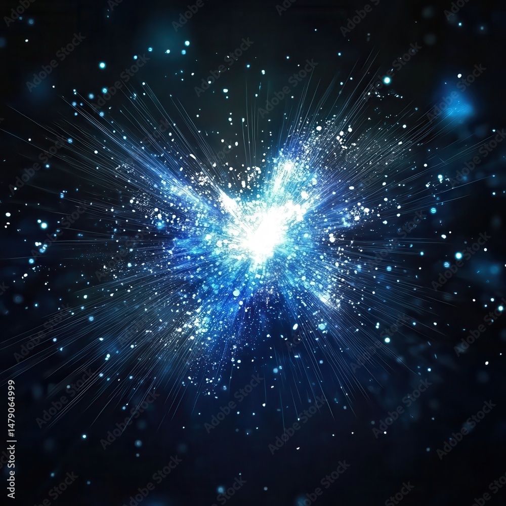 Fototapeta premium Abstract Light Explosion with Blue and White Particles on Dark Background.