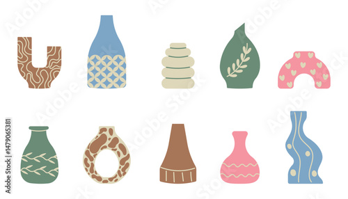 Set of hand drawn colorful vases or pots and jugs for flowers, dried flowers.