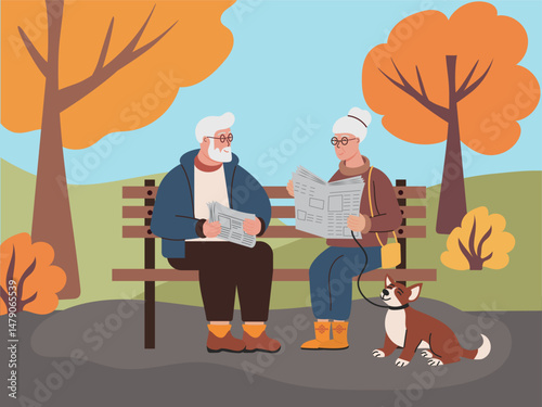Elderly couple with dog sitting on bench in park reading newspapers