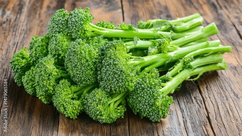 A bunch of fresh Chinese broccoli on a wooden table