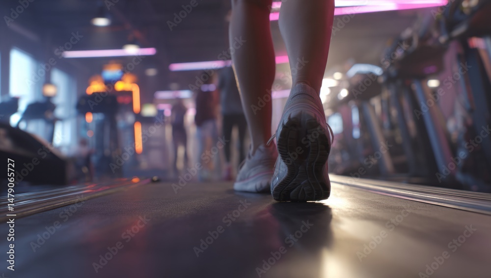 Fototapeta premium Walking on Treadmill Engages Leg Muscles During Gym Workout, Focus on Fitness and Wellness Routine