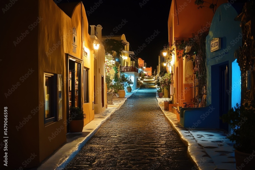Fototapeta premium Illuminated streets of Santo at night showcasing vibrant Greek island nightlife, Greek island nightlife Illuminated streets of Santorini island Oia town