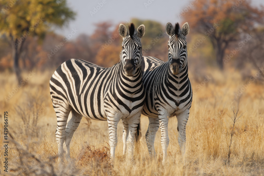 Obraz premium Two burchell's zebras stand side by side in a dry, golden savanna, their stripes sharply defined against the muted background of autumnal trees. : Generative AI