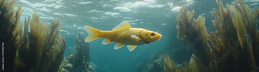 Naklejka premium Golden fish swimming in kelp forest