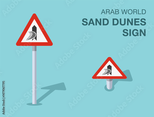 Traffic regulation rules. Isolated Arab world "sand dunes" road sign. Front and top view. Flat vector illustration template.