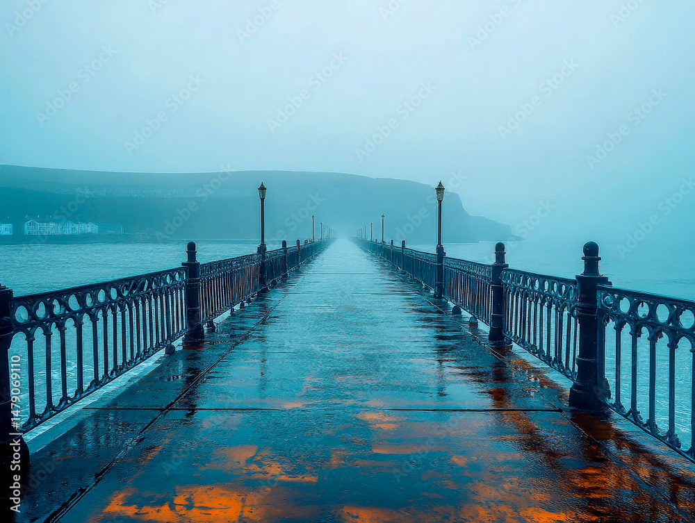 Obraz premium Fog envelops a long, empty pier at dawn, creating a serene atmosphere. Soft hues blend as the mist lingers over the water, inviting quiet reflection and solitude