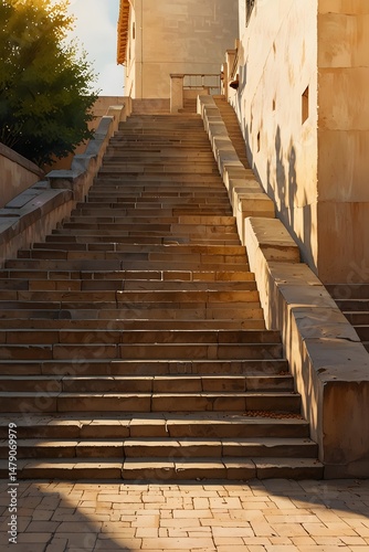 Shadows and light play on the ziggurat steps during golden hour