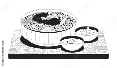 Chicken biryani with raita and shorba outline illustration. Basmati rice bowl with drumsticks. Pakistani cuisine. Authentic food 2D line item isolated on white. Monochrome vector ink linear image