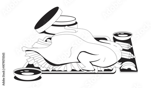 Peking duck with dipping sauces and sliced vegetables outline illustration. Beijing dish roasted. Asian cuisine. Authentic food 2D line item isolated on white. Monochrome vector ink linear image