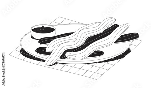 Mexican churros with chocolate dipping sauce outline illustration. Spanish porras snack. Crispy fried pastry. Authentic food 2D line item isolated on white. Monochrome vector ink linear image