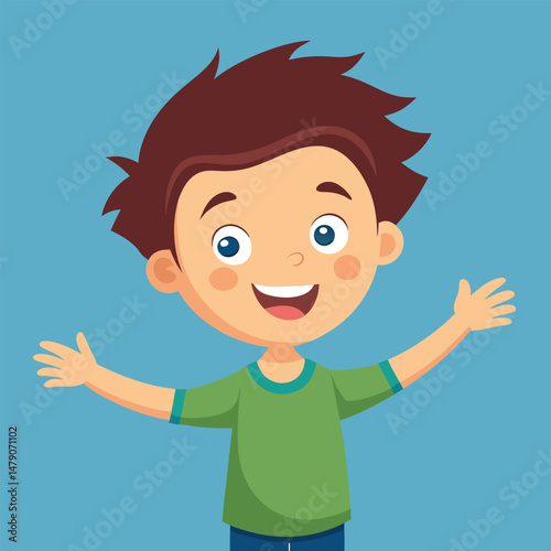 Happy Little Boy with Arm Outstretched, Smiling and Looking at Camera Illustration 