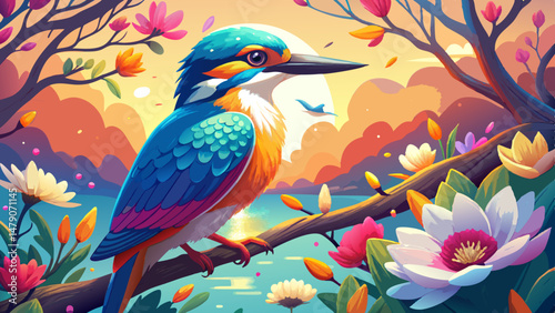 A vibrant kingfisher perches delicately among blooming branches, its iridescent feathers glowing beneath the gentle spring sunlight. The scene is alive with color, capturing the renewal and joy of the