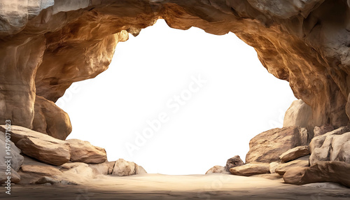 Isolated stone cave entrance with natural rock texture cutout on transparent background