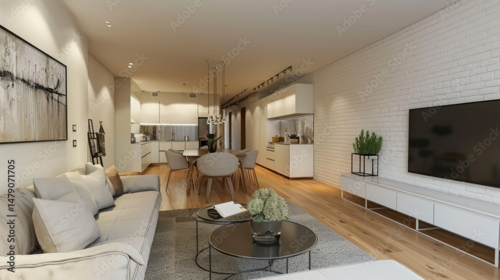 Fototapeta premium Modern living room with open kitchen, white brick wall, light wood floors, and a cozy seating area
