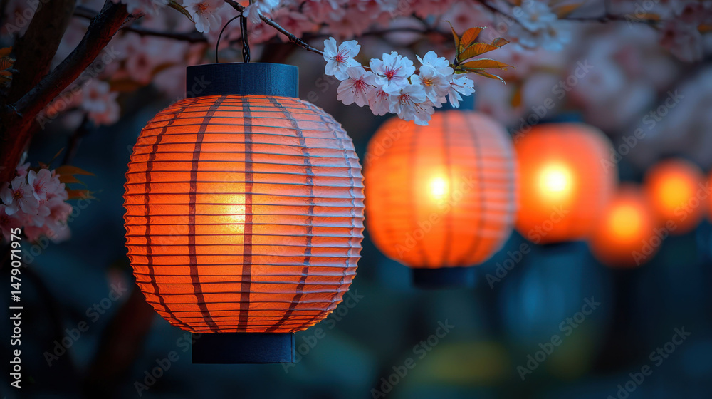 Fototapeta premium Glowing paper lanterns illuminate cherry blossoms in serene setting