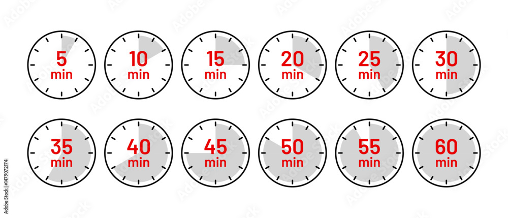 Naklejka premium Cooking indicators in flat design. Timer icons. Stopwatches in circle shape. Round clocks with different minutes. Chronometer deadline symbols isolated. Countdown timer set. Vector illustration.
