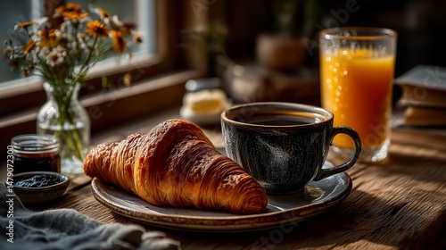 A warm and inviting still life of a classic continental breakfast. A golden-brown croissant rests on a rustic plate, accompanied by a glass of fresh orange juice and a steaming mug of dark coffee. A s
