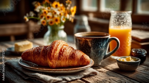 A warm and inviting still life of a classic continental breakfast. A golden-brown croissant rests on a rustic plate, accompanied by a glass of fresh orange juice and a steaming mug of dark coffee. A s