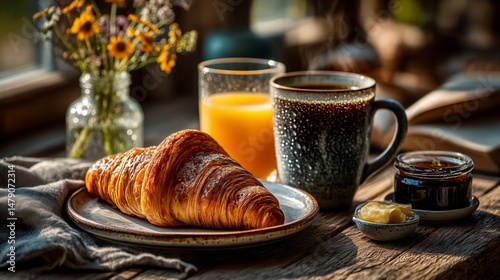 A warm and inviting still life of a classic continental breakfast. A golden-brown croissant rests on a rustic plate, accompanied by a glass of fresh orange juice and a steaming mug of dark coffee. A s