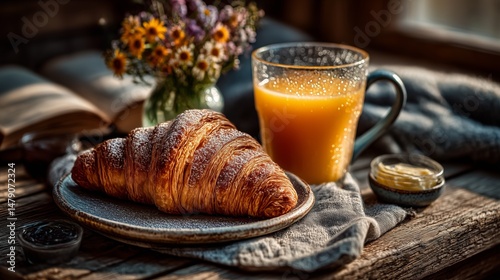 A warm and inviting still life of a classic continental breakfast. A golden-brown croissant rests on a rustic plate, accompanied by a glass of fresh orange juice and a steaming mug of dark coffee. A s
