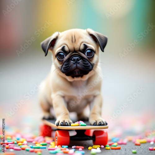 Adorable miniature pug puppy riding a small skateboard, surrounded by a flurry of colorful sprinkles.