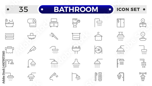 Bathroom outline icons. Editable Stroke. Shower, bath, toilet, bidet, mirror, water tap. Laundry and garbage basket. Cosmetics shampoo comb cream. Toilet paper napkins.
