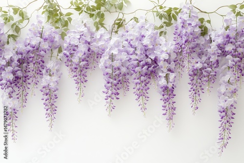 Cascading Wisteria Vines with Translucent Lavender Petals in Minimalist Studio Lighting on White Background