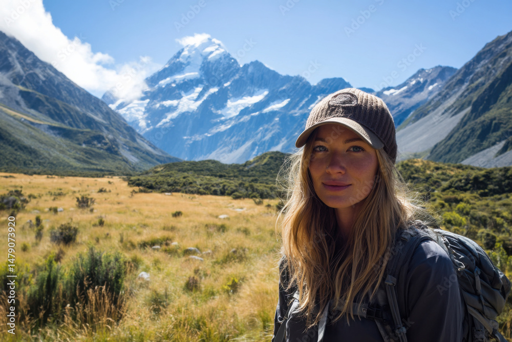 Naklejka premium Young woman hiker smiles, gazing at majestic Mount Cook, New Zealand's Southern Alps. Golden grasslands and rugged mountains create stunning backdrop. : Generative AI