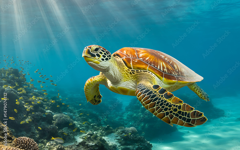 Obraz premium Close-up of a sea turtle swimming with detailed shell patterns