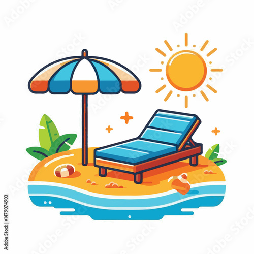 summer, vacation, holiday, relax, travel, beach, sun, resort, outdoor, leisure, tropical, lounger, background, chair, rest, relaxation, sea, happy, object, vector, lifestyle, tourism, umbrella, design