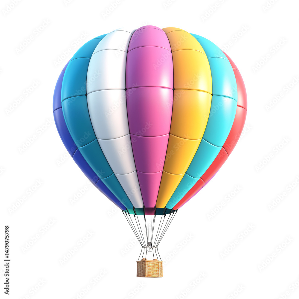 Fototapeta premium Colorful striped hot air balloon with basket floating against a deep black background.