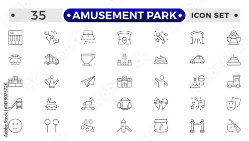 Amusement Park minimal outline web icon set. Included the icons as Rollercoaster, Carousel, Ferro's Wheel and more. Outline icons collection.