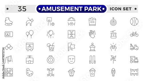Amusement Park minimal outline web icon set. Included the icons as Rollercoaster, Carousel, Ferro's Wheel and more. Outline icons collection.