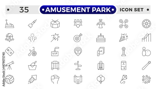 Amusement Park minimal outline web icon set. Included the icons as Rollercoaster, Carousel, Ferro's Wheel and more. Outline icons collection.