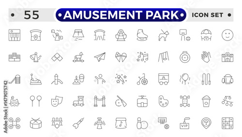 Amusement Park minimal outline web icon set. Included the icons as Rollercoaster, Carousel, Ferro's Wheel and more. Outline icons collection.