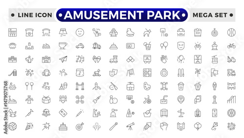 Amusement Park minimal outline web icon set. Included the icons as Rollercoaster, Carousel, Ferro's Wheel and more. Outline icons collection.